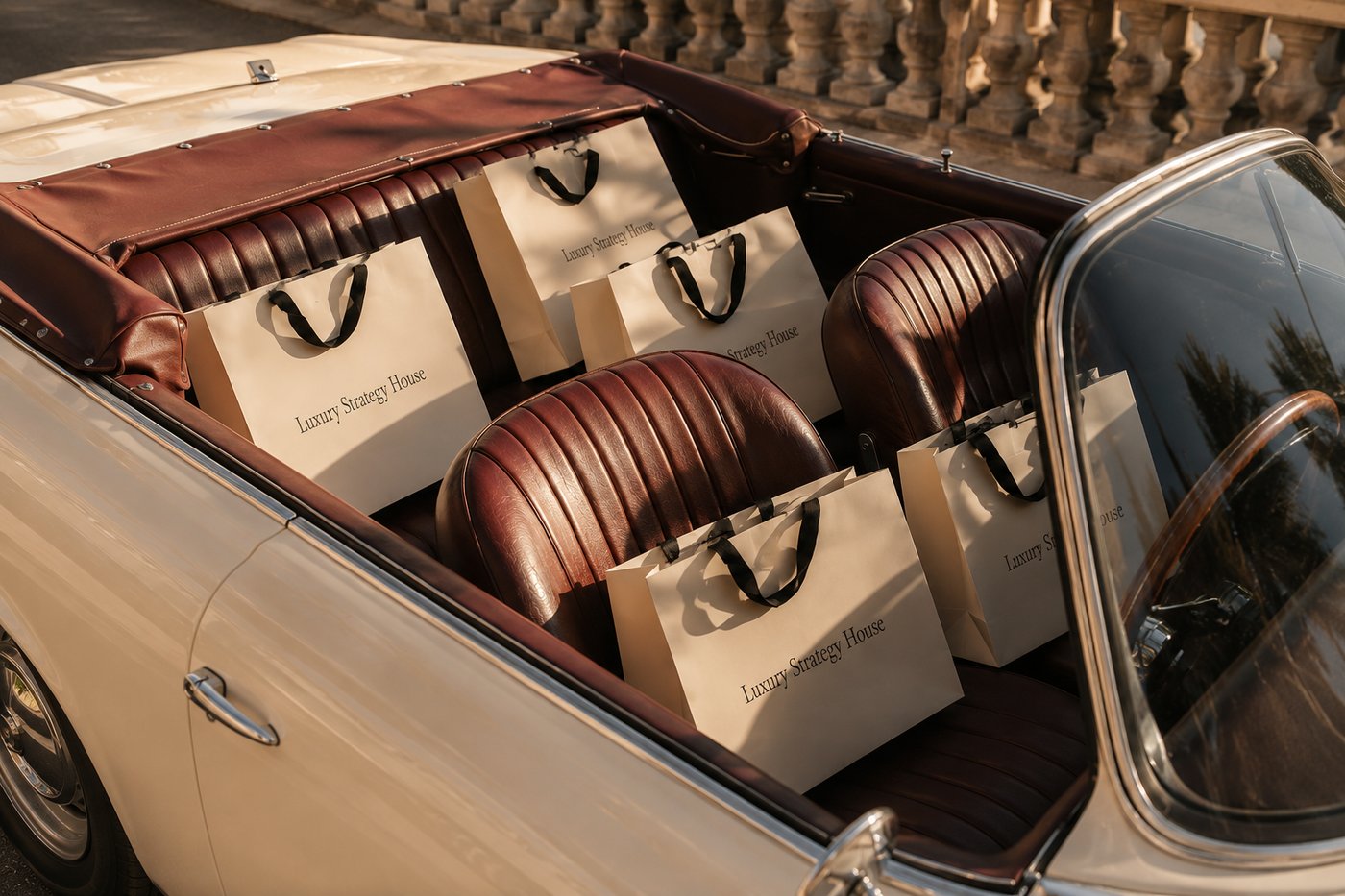 Luxury Strategy House branded shopping bags in a vintage convertible